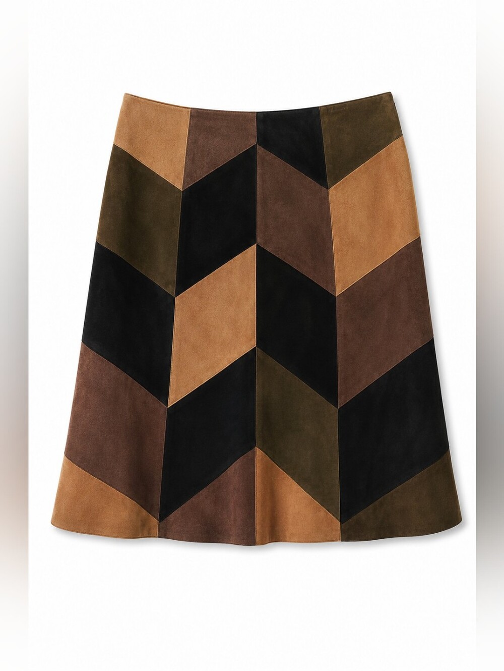 Alfani 100% Suede Leather Chevron Patchwork Skirt Brown Tan Olive Black, 10